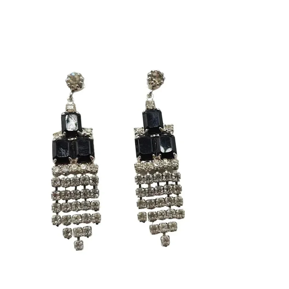 Black Clear Rhinestone Waterfall Dangle Drop Earrings Silver Tone Vintage Deco